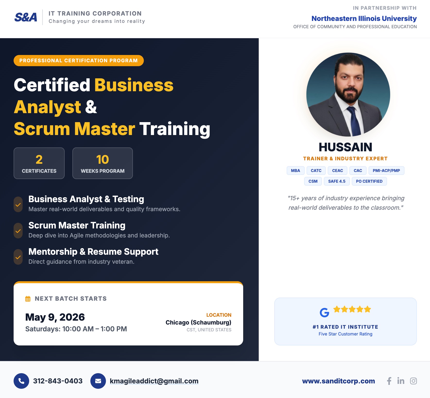 Business Analyst & Scrum Master Northeastern Illinois University - Starting May 24th 2026 from 10am CST-2.00pm CST through Jul 26th 2026.
